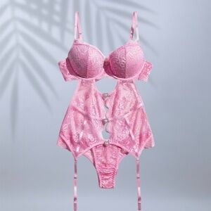 Heart Charm Lace Strappy Teddy Lingerie in Pink  ✧ S